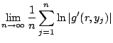 $\displaystyle \lim_{n\rightarrow \infty}\frac{1}{n} \sum_{j=1}^n\ln\left\vert g'(r,y_j)\right\vert$